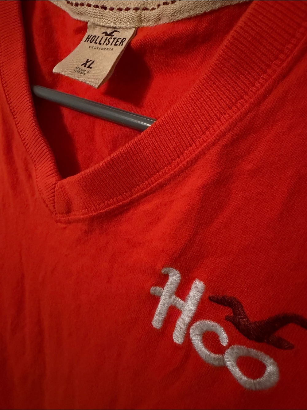 Hollister Bright Red V-Neck Tee with Embroidered HCO